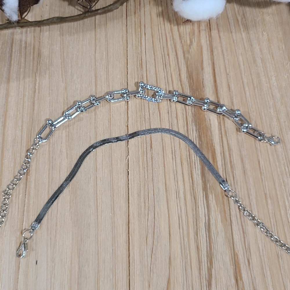 🩶🩶NEW🩶🩶 GORGEOUS!! 2PC Chain Link and Herringbone CZ Bracelet Set in SILVER - Picture 13 of 14
